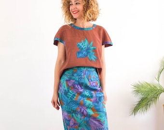 Vintage 90s 80s matching set tank and skirt set, 2 pieces tropical blouse and pencil skirt set, Vintage floral co-ord set retro outfit, M