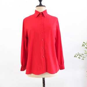 Vintage 70s red button up shirt, 1970s disco shirt for women, 70s retro collared shirt long sleeve, Plain red polyester button shirt, M L image 9