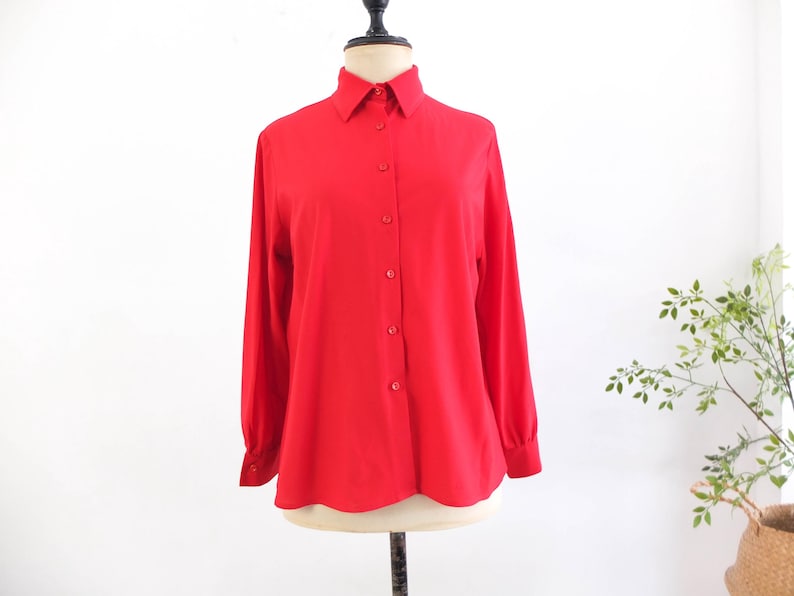 Vintage 70s red button up shirt, 1970s disco shirt for women, 70s retro collared shirt long sleeve, Plain red polyester button shirt, M L image 9