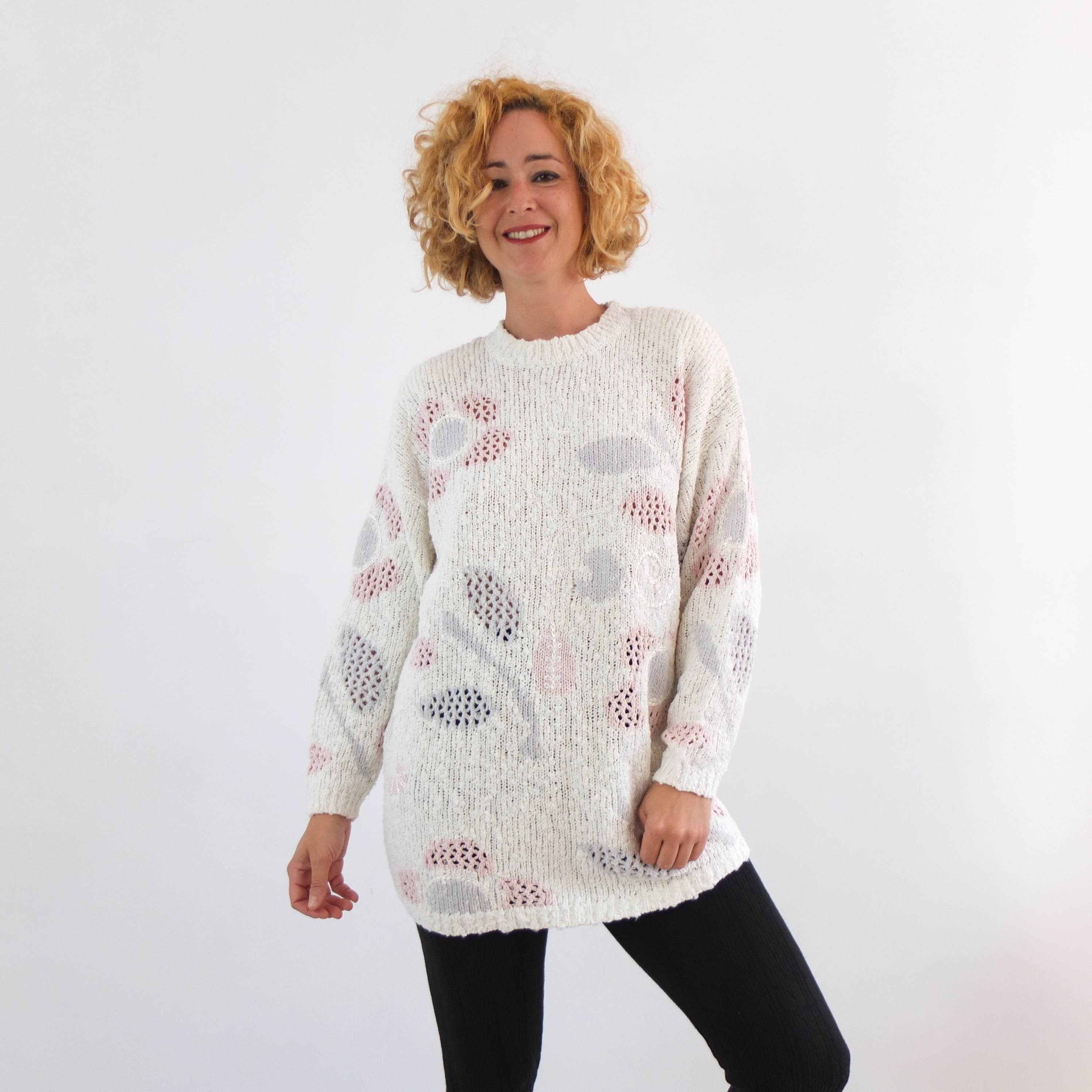 Vintage 80s Sweater Women, 80s Pastel Romantic Sweater, Vintage White Floral Embroidered Sweater, 80s Cottage Kitsch Sweater, 80s New Jumper