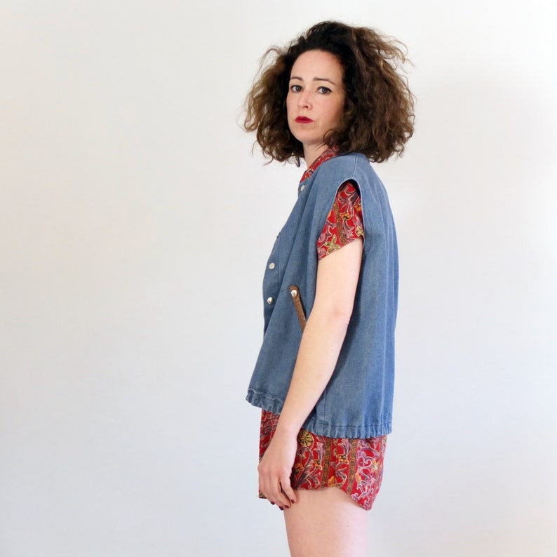 bohemian boho vest hippie festival denim vest 1970s with faux leather Vintage 70s denim vest size S M