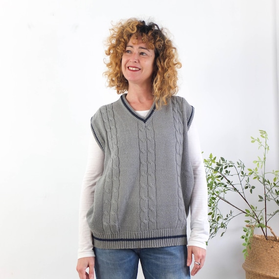 Vintage 90s wool cable knit sweater vest, Vintage wool oversized vest, 90s striped tennis sweater vest, Old school V-neck vest, Unisex M L