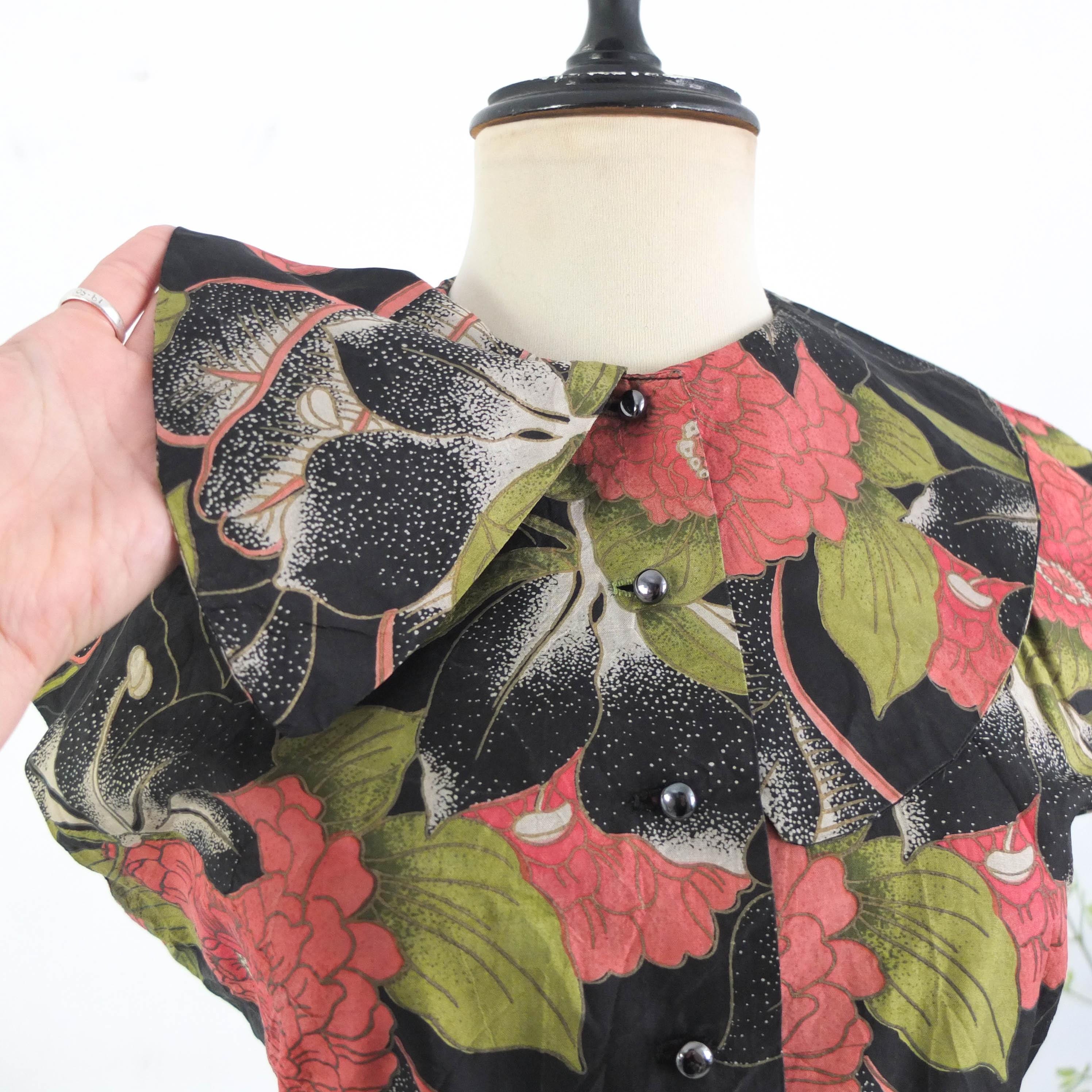 Vintage 70s 80s Black Floral Blouse, Vintage Floral Big Collar 