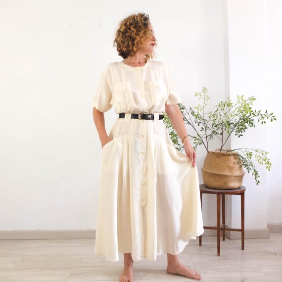 Vintage 80s white maxi silk dress, Vintage white shirtdress, 80s white silk button down dress, Short sleeve white flare dress, Size Large