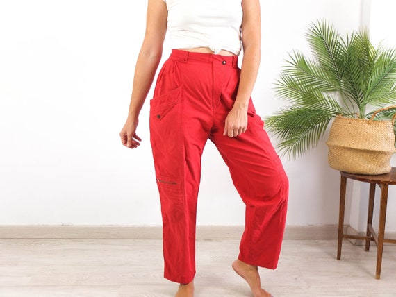 Vintage 80s red high waist pants, 1980s red cotto… - image 1