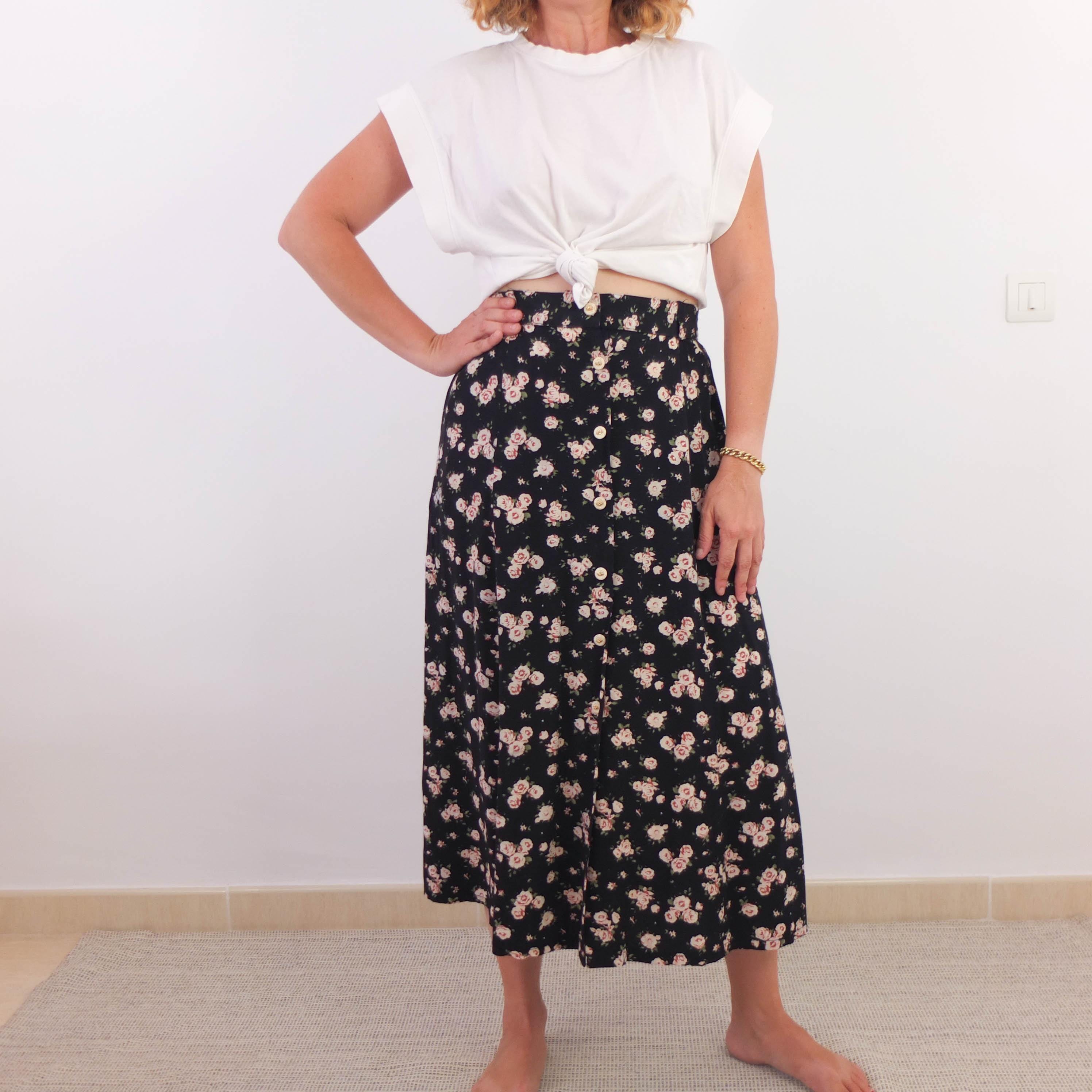 Vintage 90s Black Floral Grunge Skirt, 90s Floral Maxi Skirt Large