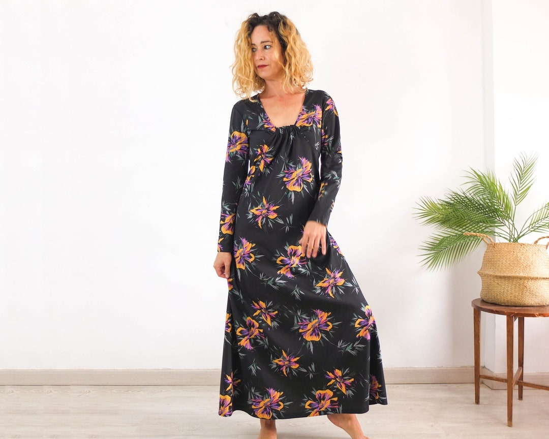 Vintage 70s Floral Maxi Dress Size Medium, 70s Black Long Sleeve A-line ...