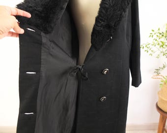 Vintage 70s 80s Black Wool Coat, Vintage Black Long Double