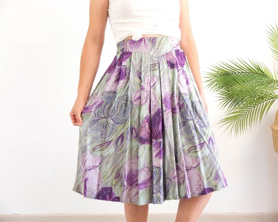 Vintage 80s Floral Pleated Midi Skirt Vintage High Waist Flower
