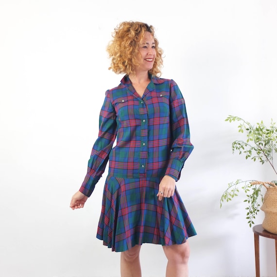 Vintage 80s Retro Plaid Western Shirt Dress, 80s Long Puff Sleeve Drop Waist Mini Dress, Wool Blend Blue Plaid Long Sleeve Dress 1980s, S