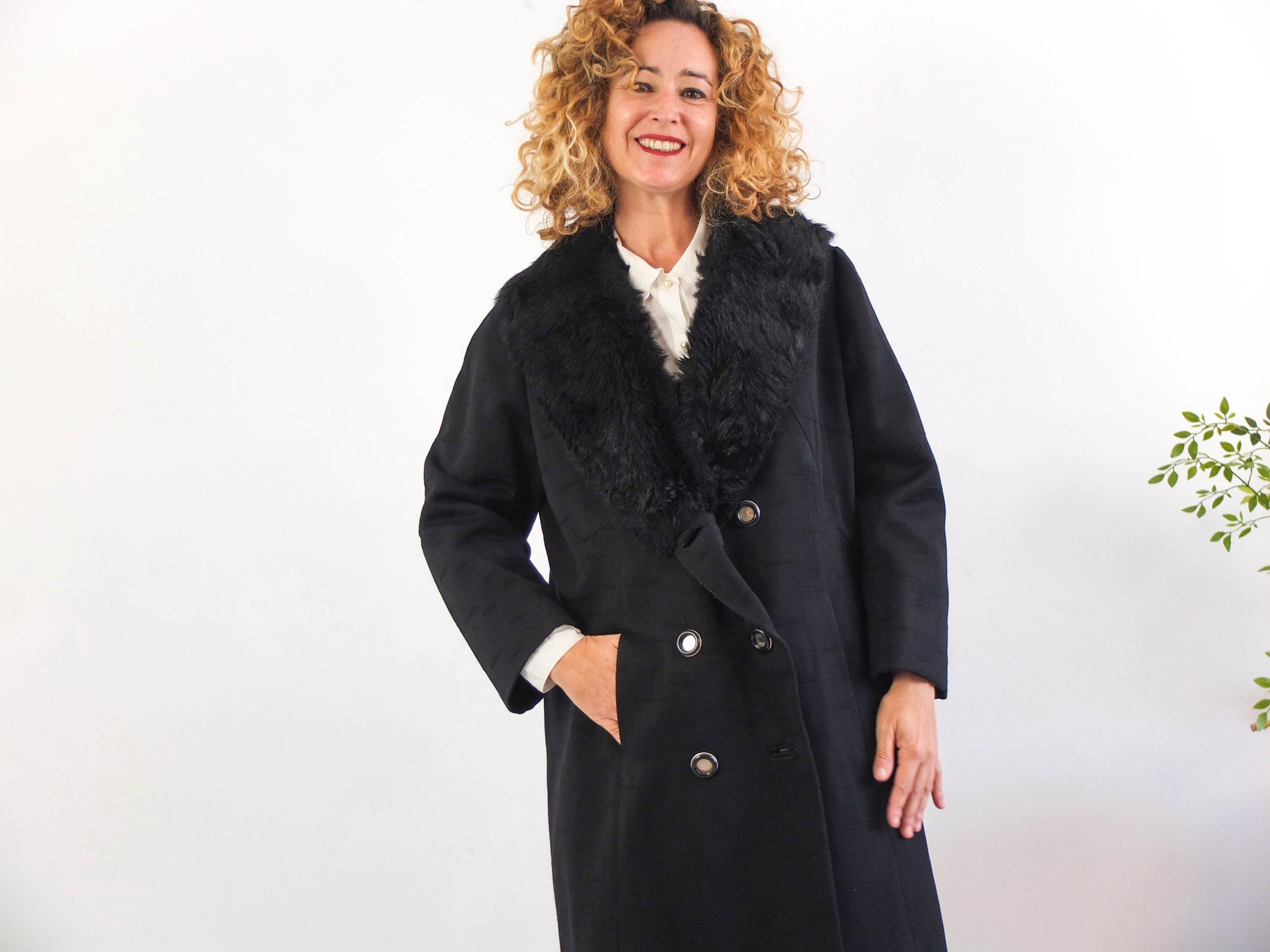 Vintage 70s 80s Black Wool Coat, Vintage Black Long Double