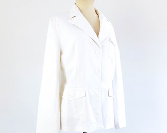 Vintage 90er Jahre weißer Baumwoll-Blazer mit Taschen, Vintage weiße Gebrauchsjacke, 90er Jahre Chorejacke für Frauen, 1990er Jahre Minimalistischer weißer Blazer Groß