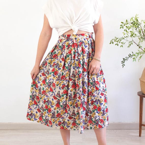 Vintage 90s Colorful Floral Midi Skirt, Vintage Grunge Floral