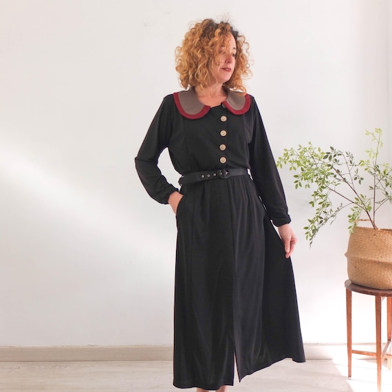 Vintage 80s long sleeve Black shirt dress, 1980s Plus size Black dress, 80s retro midi shirtdress, 80s secretary dress Plus size Large XL Vintage 80s long sleeve Black shirt dress, 1980s Plus size Black dress, 80s retro midi shirtdress, 80s secretary dress Plus size Large XL