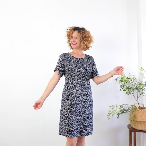 Vintage 90s floral ruched dress, 90s flower rayon short sleeve dress, Blue ditsy floral dress, 1990s Summer day grunge mini dress, Size L