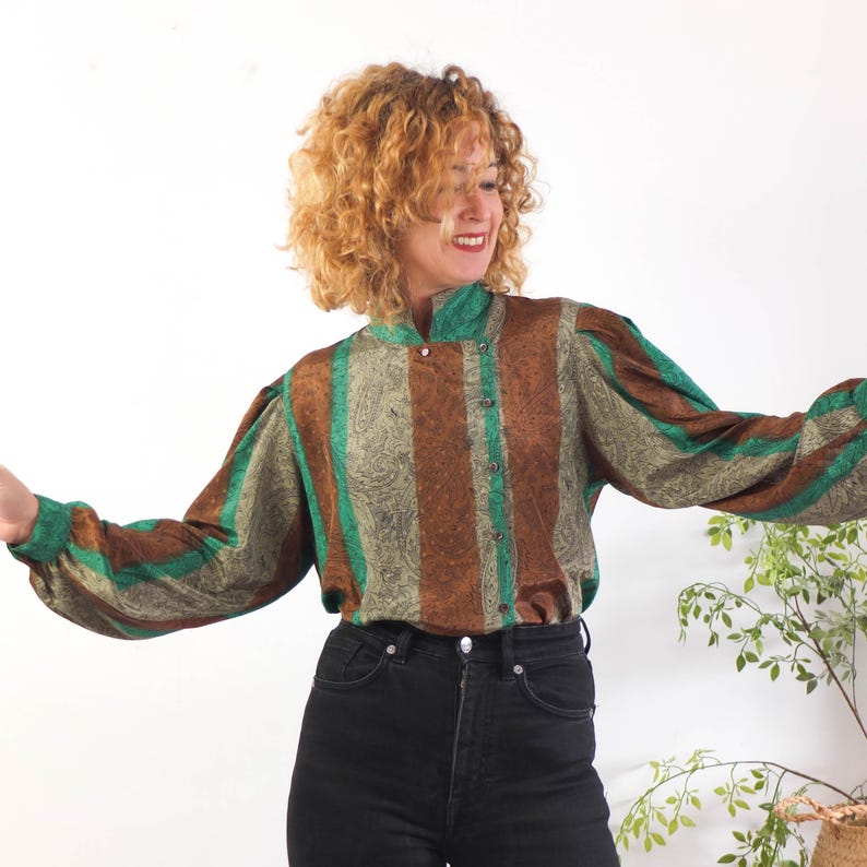 Vintage 80s abstract puff sleeve blouse, 1980s retro blouse long sleeve, New Wave button down blouse, 80s retro statement blouse, Size M - L image 4