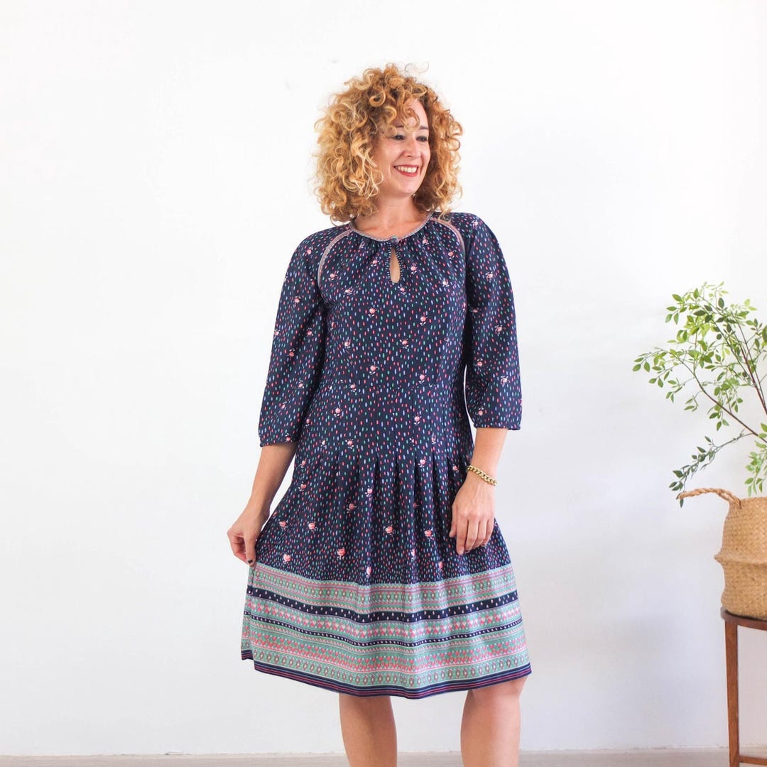 Vintage 70s Floral Peasant Dress, 1970s Navy Blue Folk Pleated Dress ...
