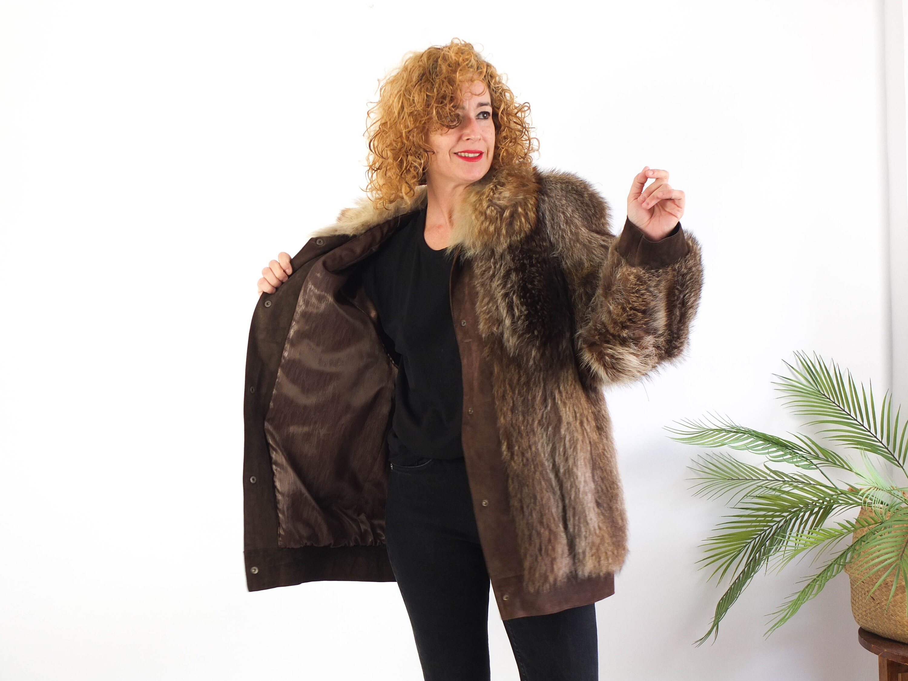 Vintage 80s Real Leather and Fur Coat Women, 80s Oversized Fur