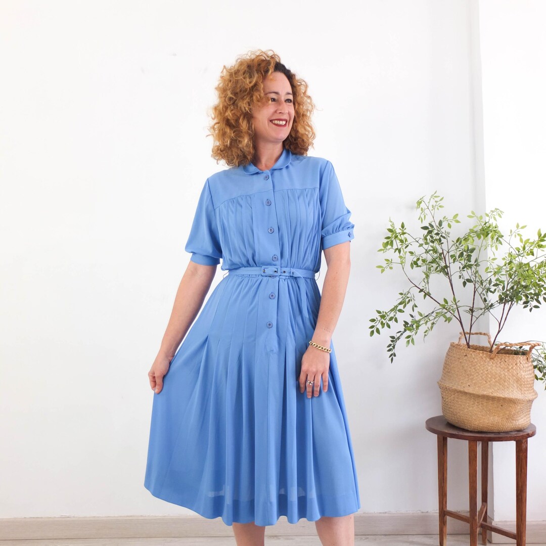 Vintage 70s Blue Pleated Dress, 70s Short Sleeve Midi Shirtdress, 70s ...