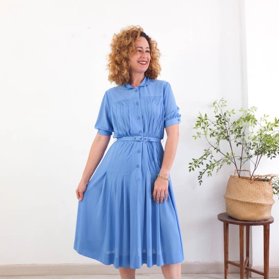 Vintage 80s Blue Pleated Dress, 70s 80s Short Sleeve Midi Shirtdress, Blue  Secretary Shirtdress, Button up Shirtwaist Day Dress, Size L - XL - Etsy