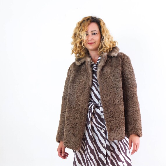Vintage Real Curly Fur Coat, 80s Brown Fur Jacket Coat, Vintage