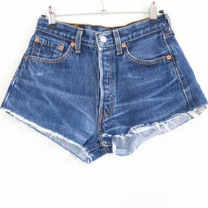 Vintage 90s Levi&#39;s 501 denim cut off shorts, Levis blue wash mid rise jean shorts, 1990s Levis reworked cutoff denim shorts, Size Small 27&quot;