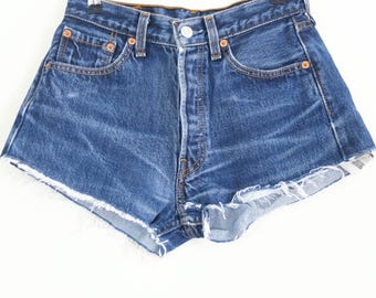 Vintage 90s Levi&#39;s 501 denim cut off shorts, Levis blue wash mid rise jean shorts, 1990s Levis reworked cutoff denim shorts, Size Small 27&quot;