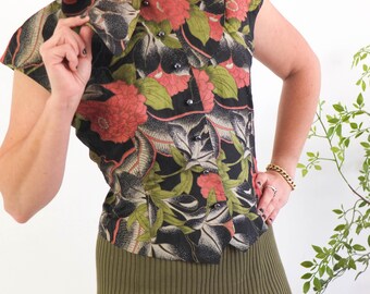 Vintage 70s 80s Black Floral Blouse, Vintage Floral Big Collar 