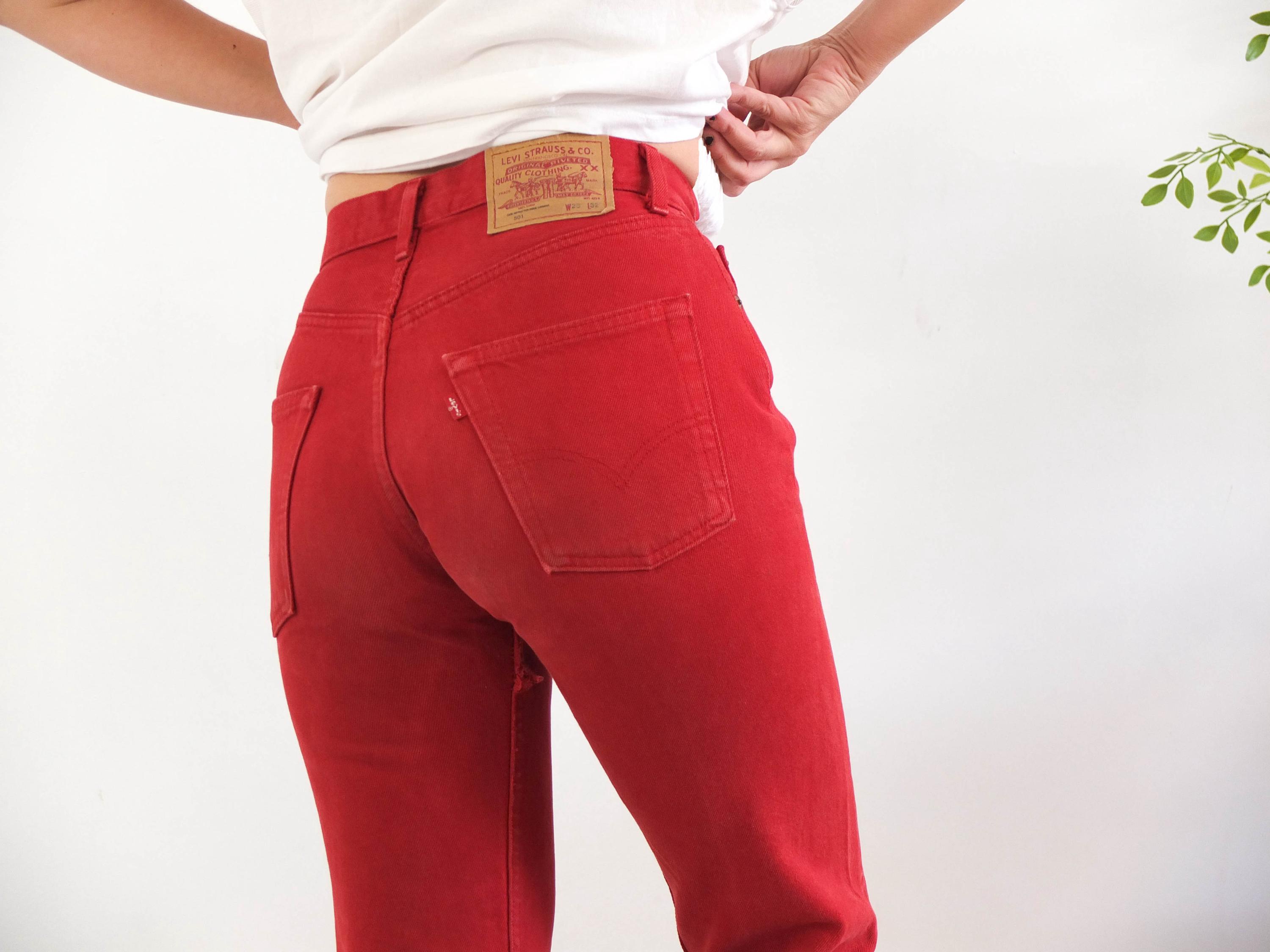 Vintage Levis 501 Red Jeans Women, 90s High Waist Levis Button Fly 
