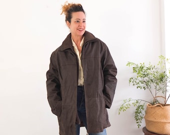 Vintage 90s brown leather jacket plus size, 1990s basic casual leather coat, Farm cottage fleece leather jacket, 90s outwear utility coat