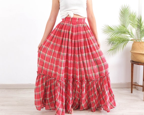 Vintage 70s red prairie maxi skirt, 70s cotton pl… - image 1