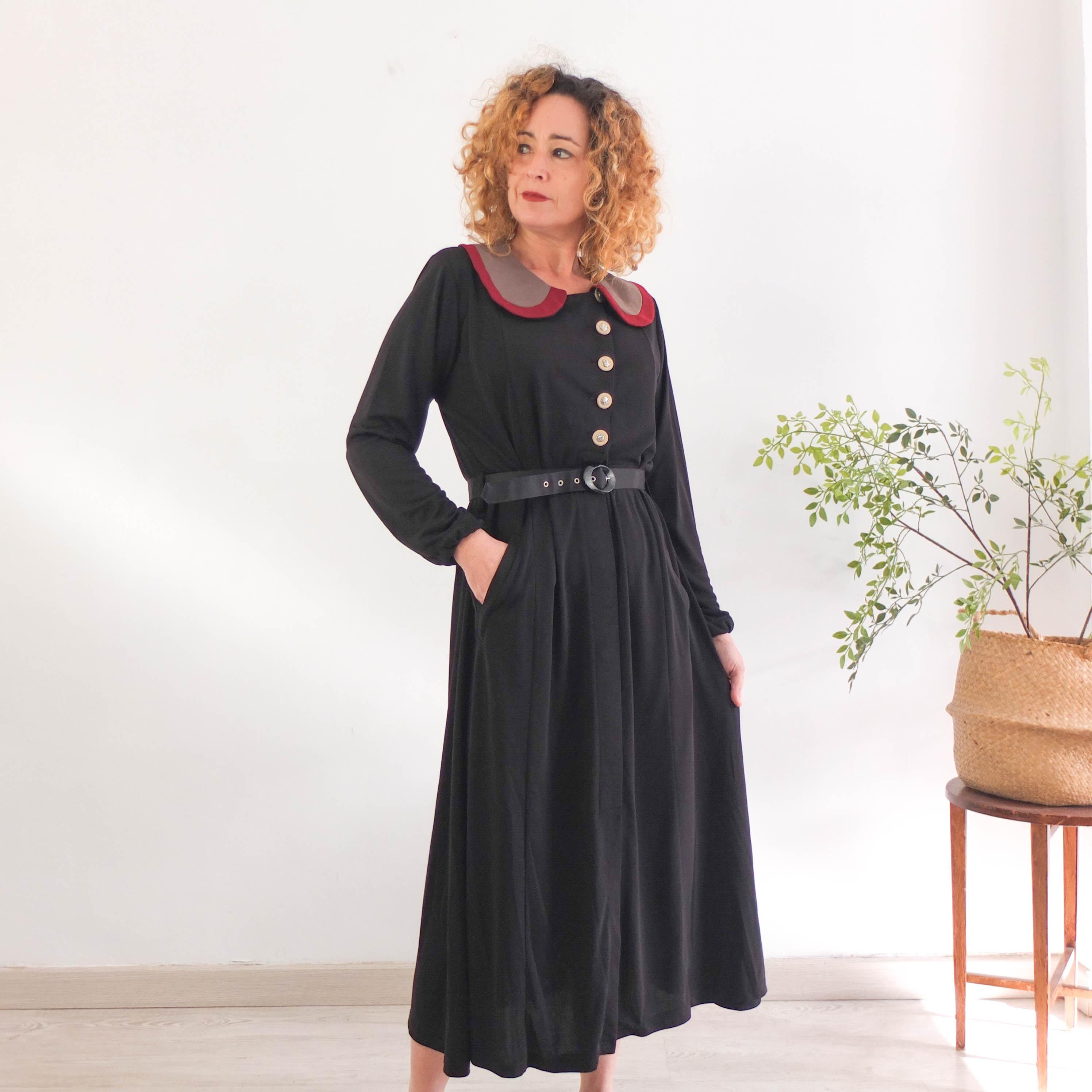 Vintage 80s Long Sleeve Black Shirt Dress, 1980s Plus Size Black