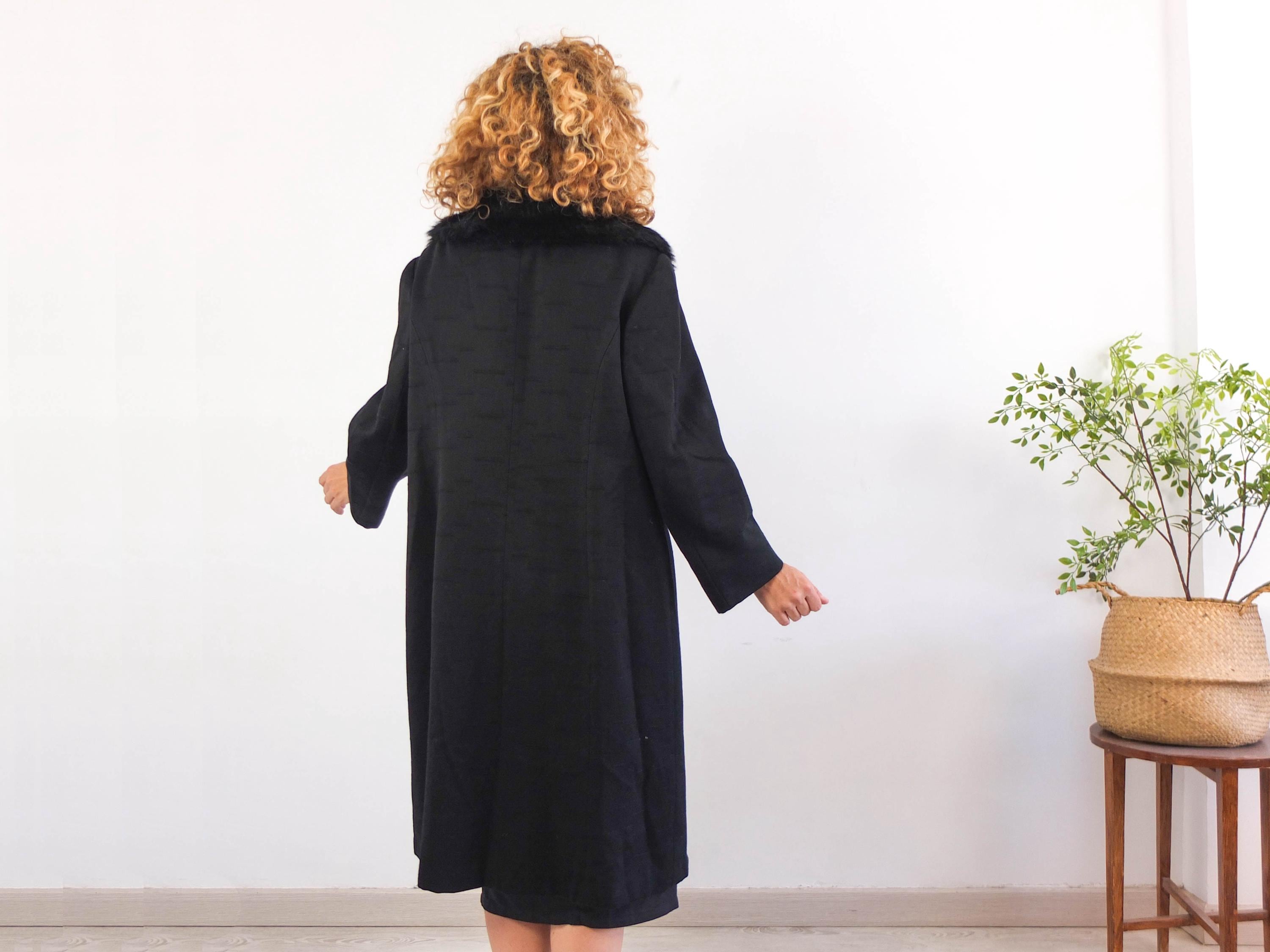 Vintage 70s 80s Black Wool Coat, Vintage Black Long Double