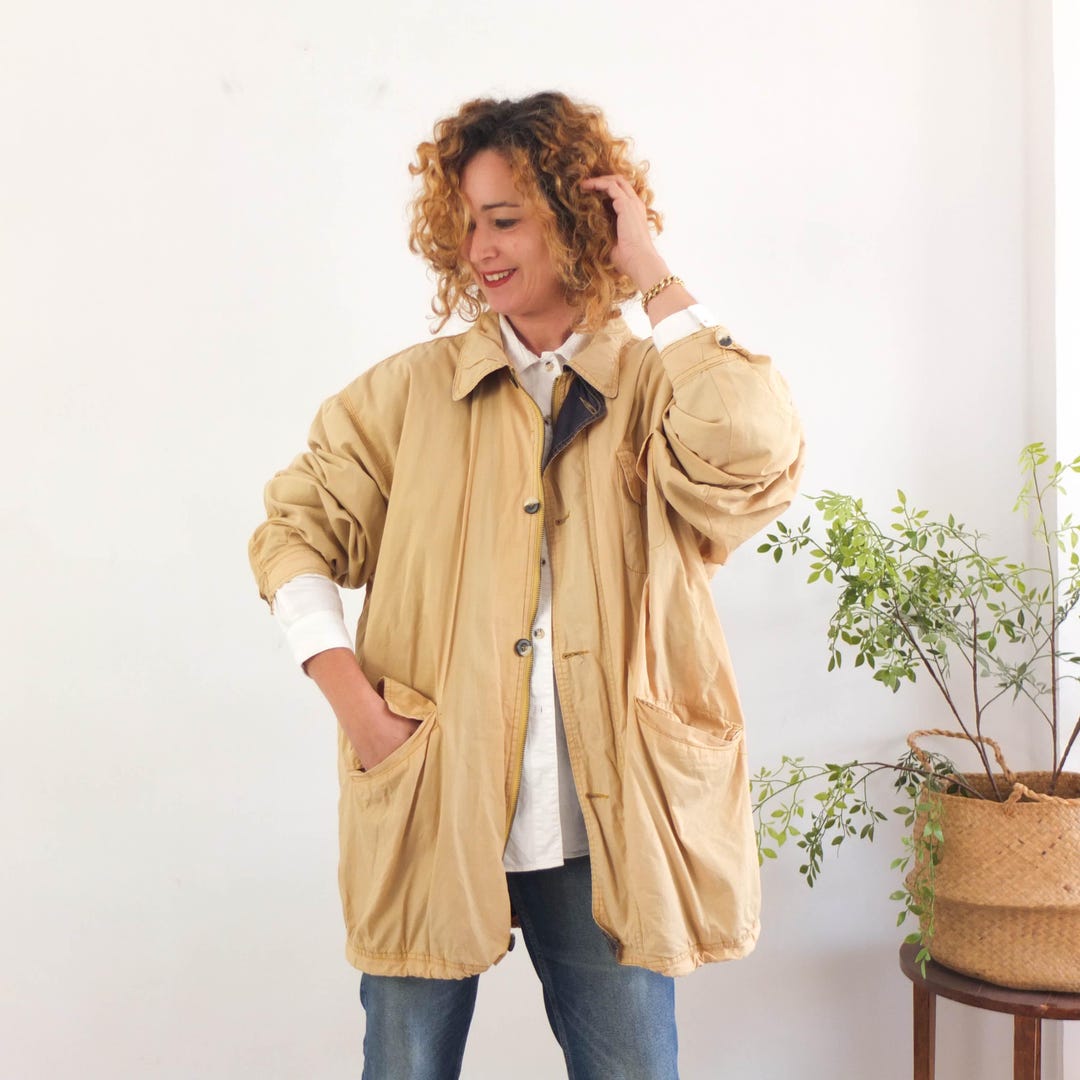 Vintage 90s Cotton Utility Jacket, Vintage Beige Oversized Chore