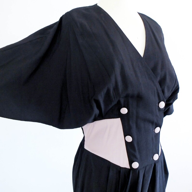 Vintage wrap double breasted dress Vintage 80s New wave black color block dress 80s bicolor bat sleeve draped dress 80s dress size large
