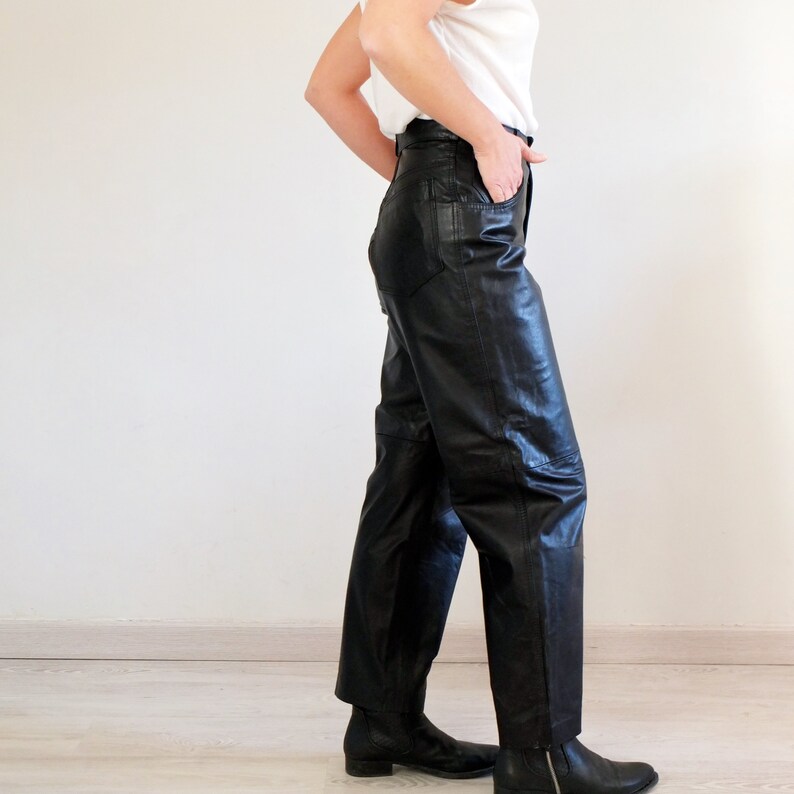 Women genuine leather pants Biker motorcycle pants 30 31 inch Vintage plus size black leather pants Vintage high waist leather pants