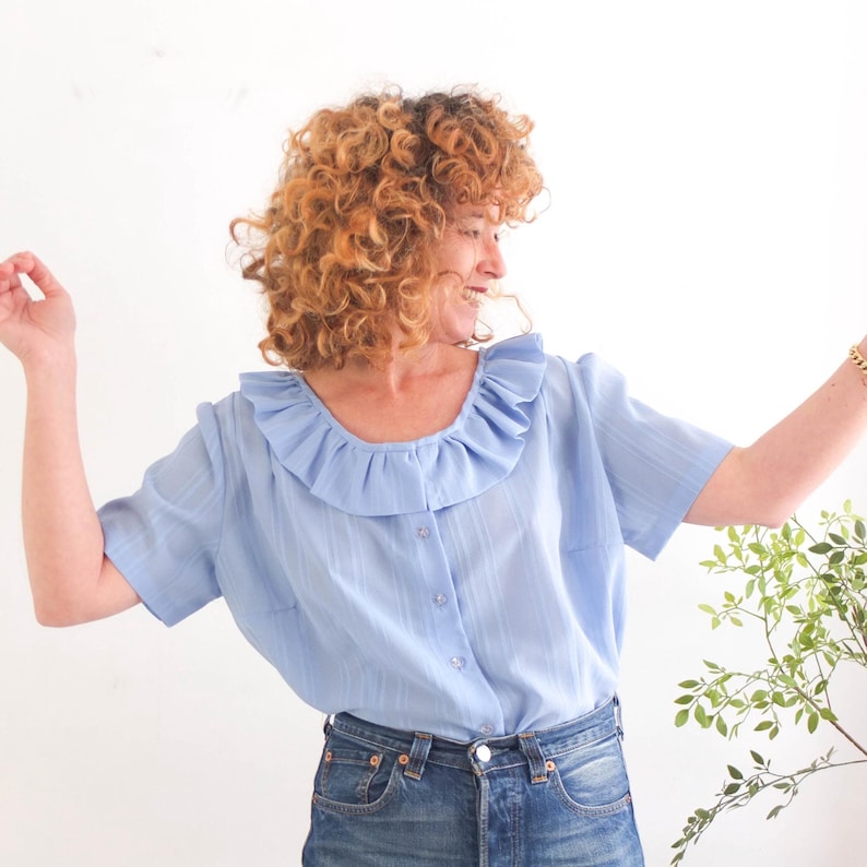 Vintage 80s Ruffle Peter Pan Collar Blouse in Baby Blue, 1980s Retro ...