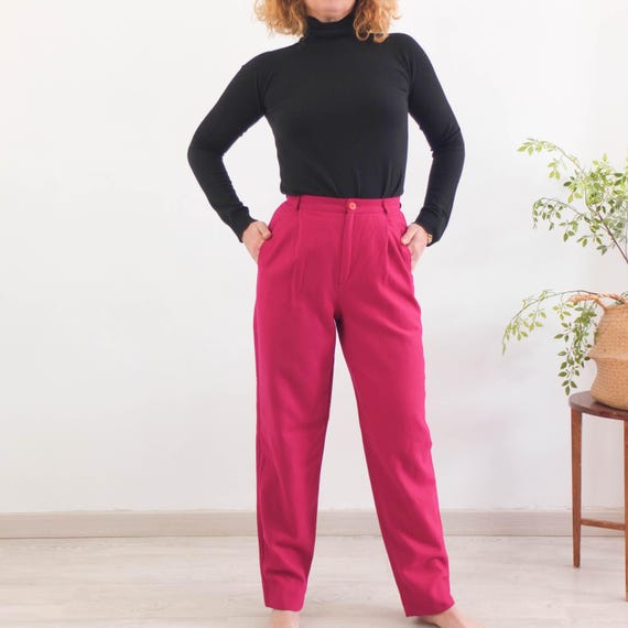 Vintage 80s Pink Fuchsia Wool Pants, High Waist Pleated Slack