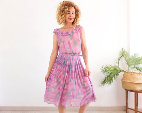 Vintage 80s pleated sundress set, 80s abstract sh… - image 1