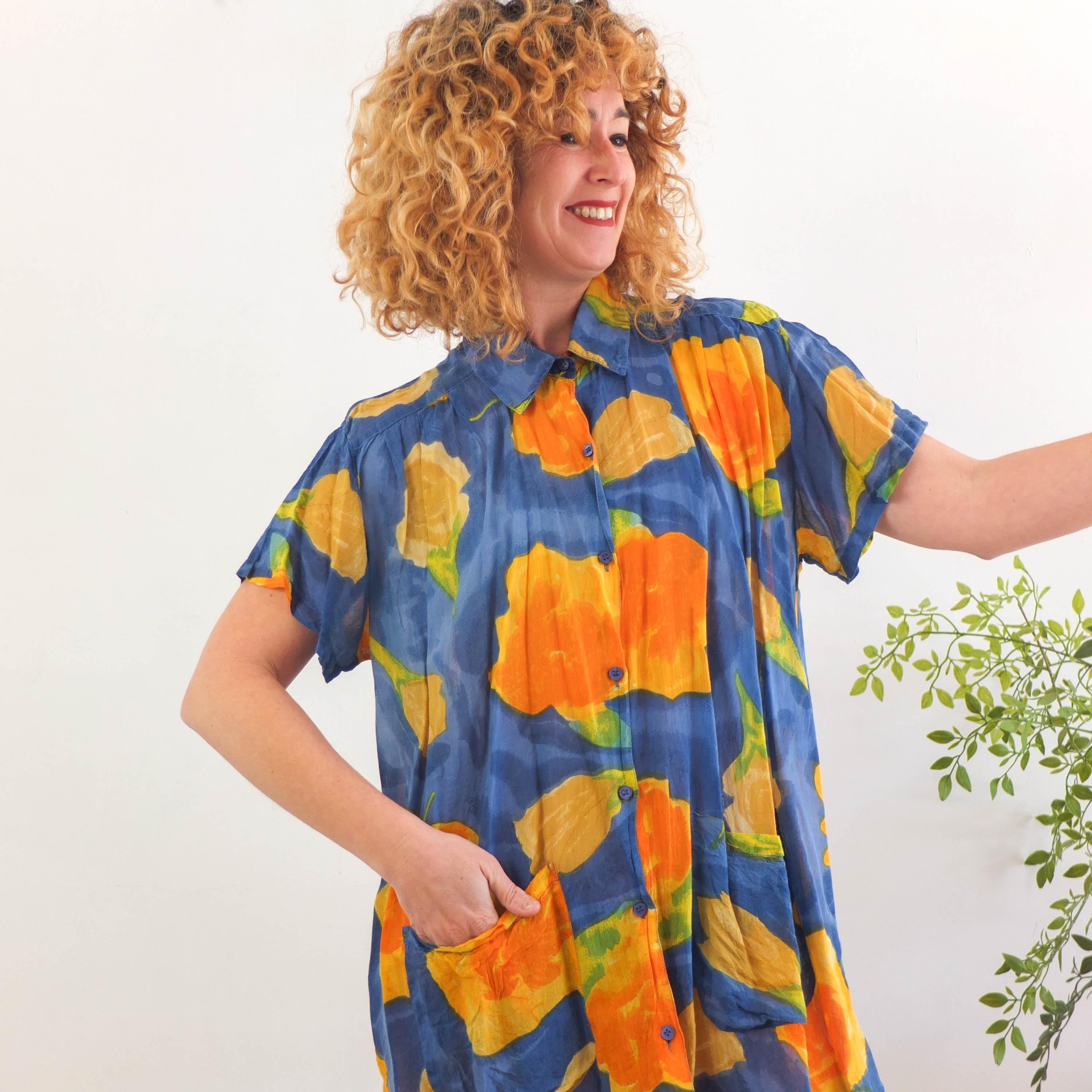 90s dress over t shirt Vintage Oversized Floral Dress, 90s Floral Cover up Dress, Vintage Mini Shirt Dress, 90s Summer Day Button up Shift Shirt perfect for a Halloween Loose Dress Calvin Klein vintage baby size:12