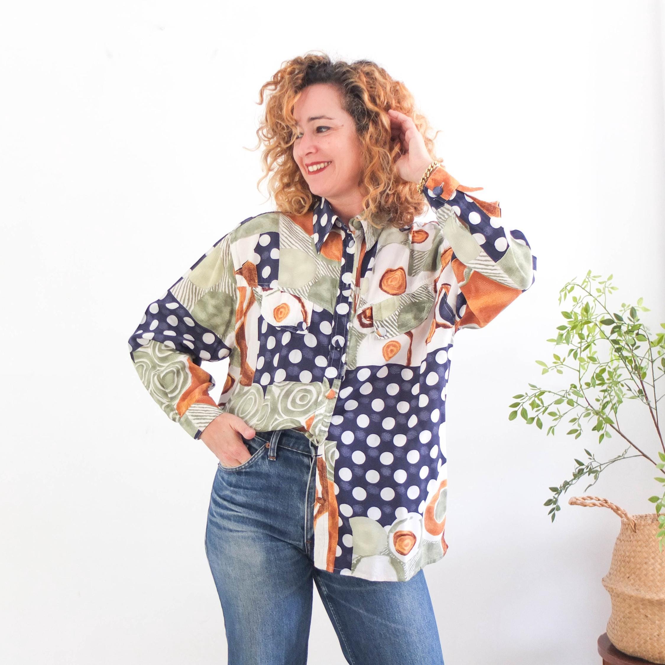 Vintage 90s Abstract Print Oversized Shirt, 90s Long Sleeve Retro