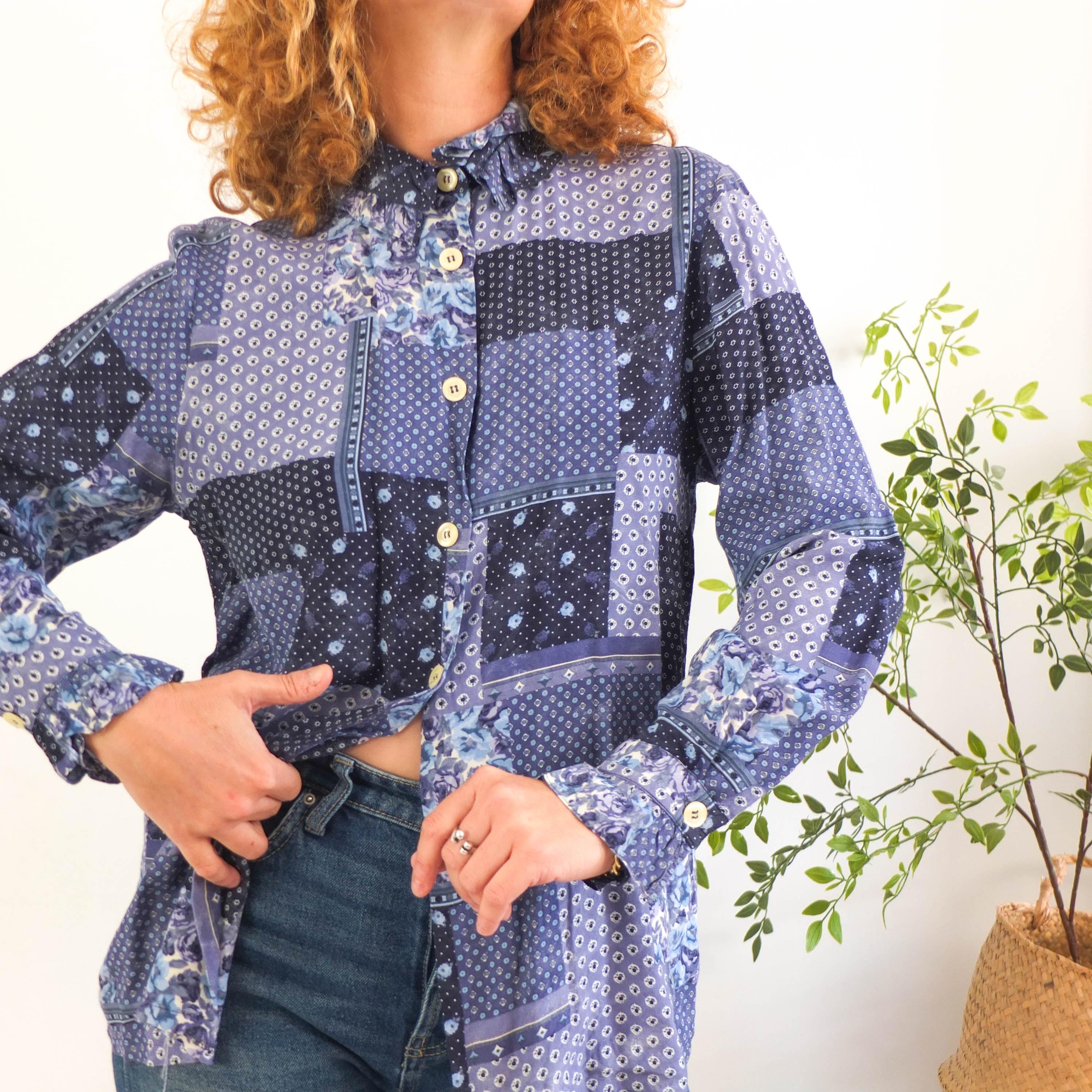 Vintage 90s Patchwork Button Down Blouse, 90s Country Shirt Women 