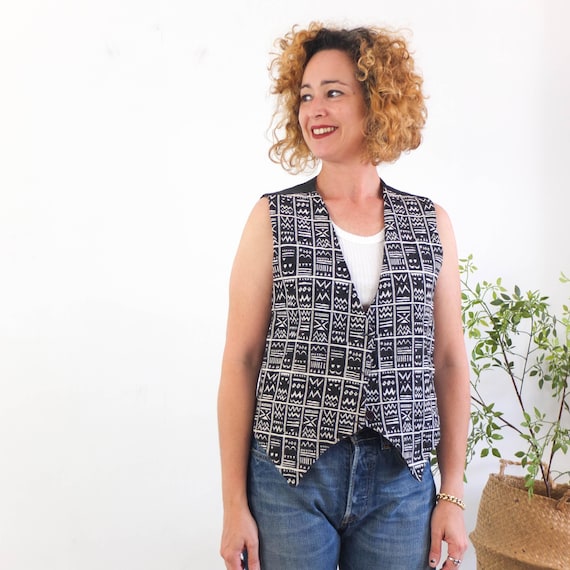 Vintage 90s Black Ethnic Vest, Vintage Retro Western Tapestry Vest 