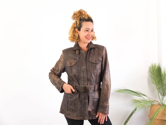 Vintage 90s does 70s brown leather jacket women, … - image 1