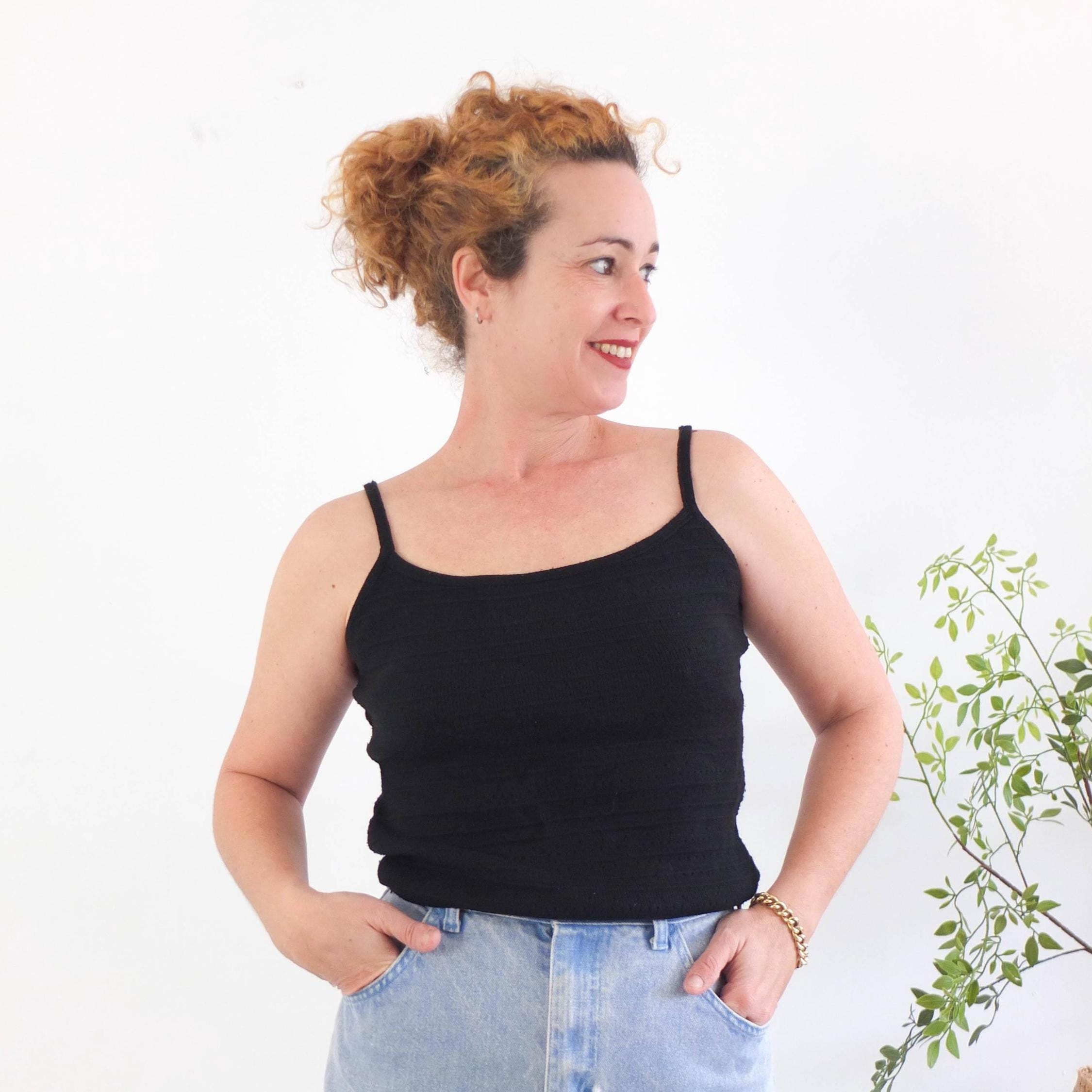 Vintage 90s Black Knit Tank Top, Summer 1990s Black Square Neck