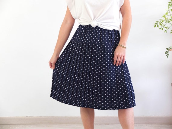Vintage 80s blue polka dot pleated skirt, Elastic high waist