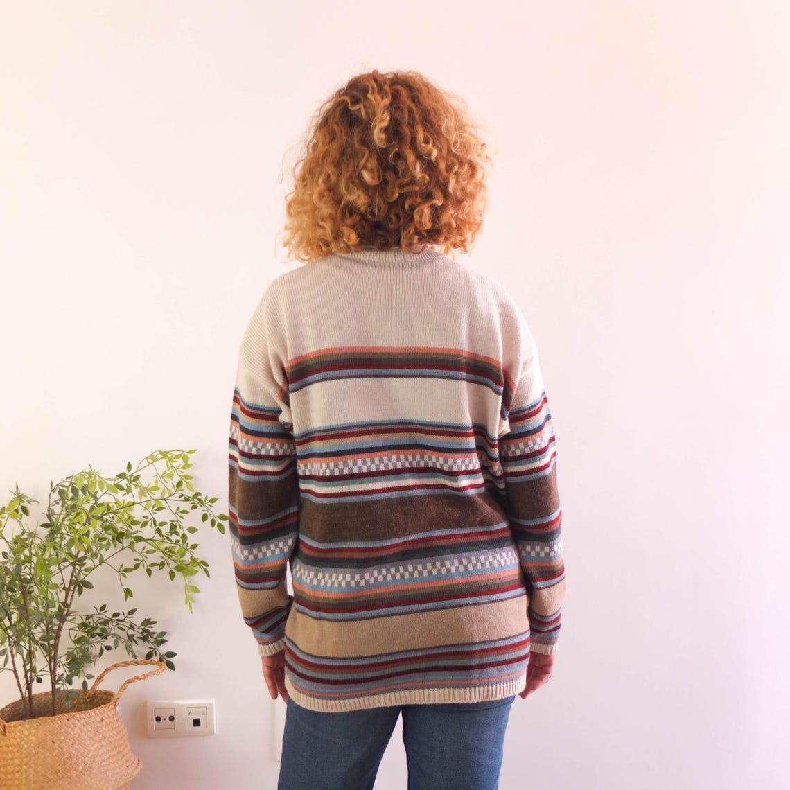Vintage 90s grunge turtleneck sweater, 1990s retro wool oversized sweater, Vintage multicolor striped geometric knit sweater, Size M L, photo 2 of 5