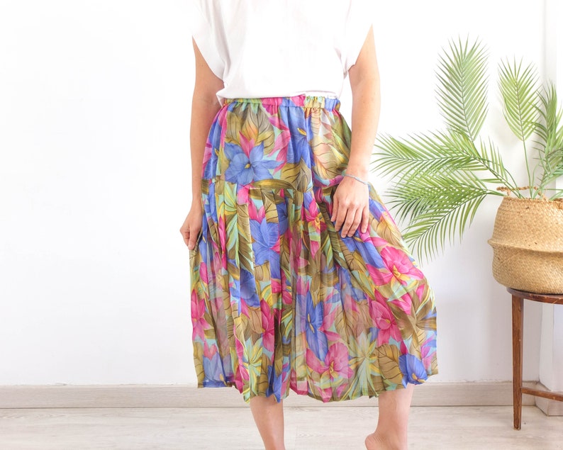 Vintage Floral Chiffon Midi Skirt, 80s Floral Pleated Maxi Skirt, 1980s ...