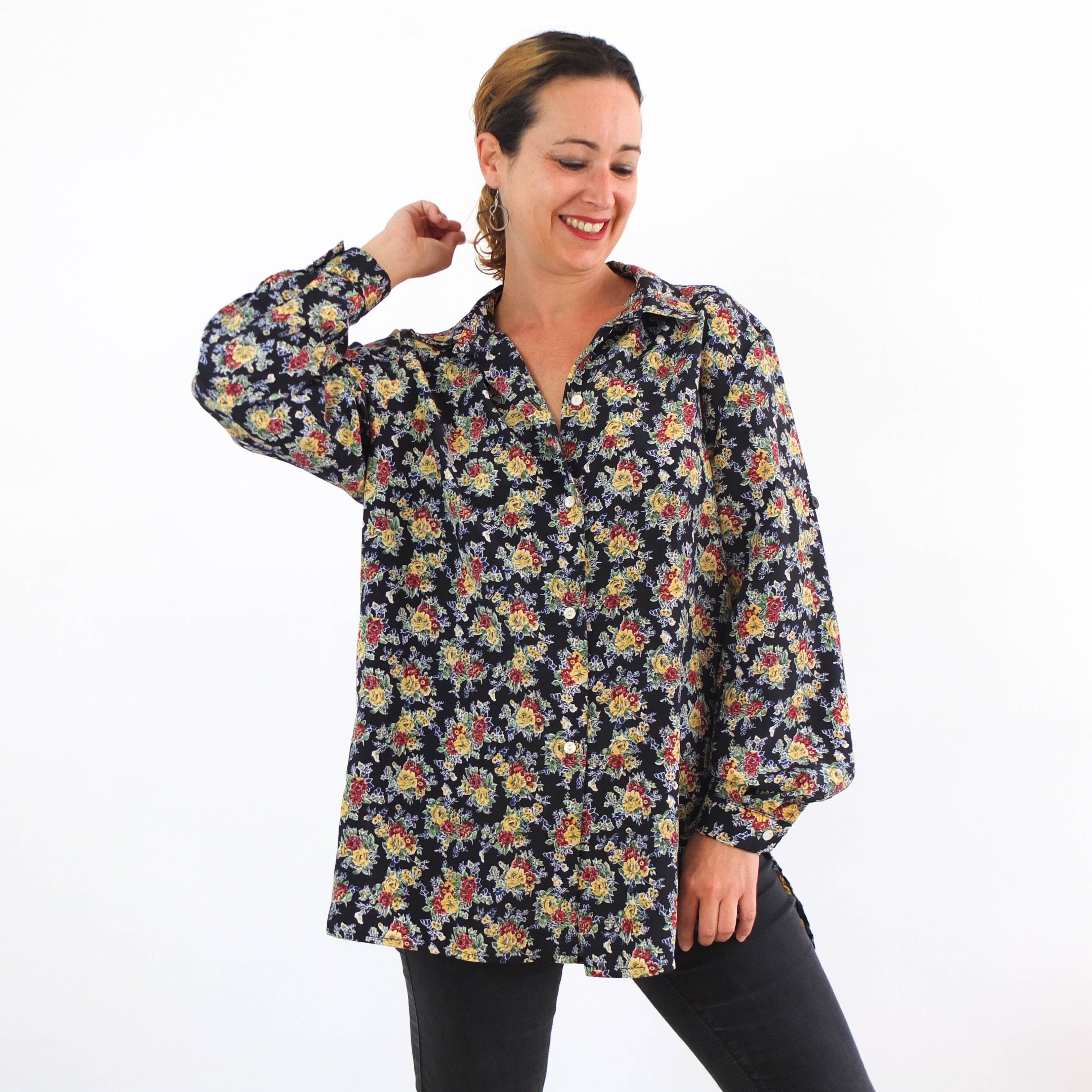 Vintage White Black Floral Button Down 