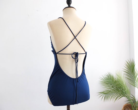 Vintage 80s navy blue one piece swimsuit, 80s wom… - image 2